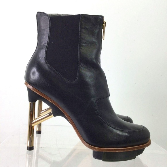 Y-3 Yohji Yamamoto Black Gold Leather Platform Booties (US)/4UK